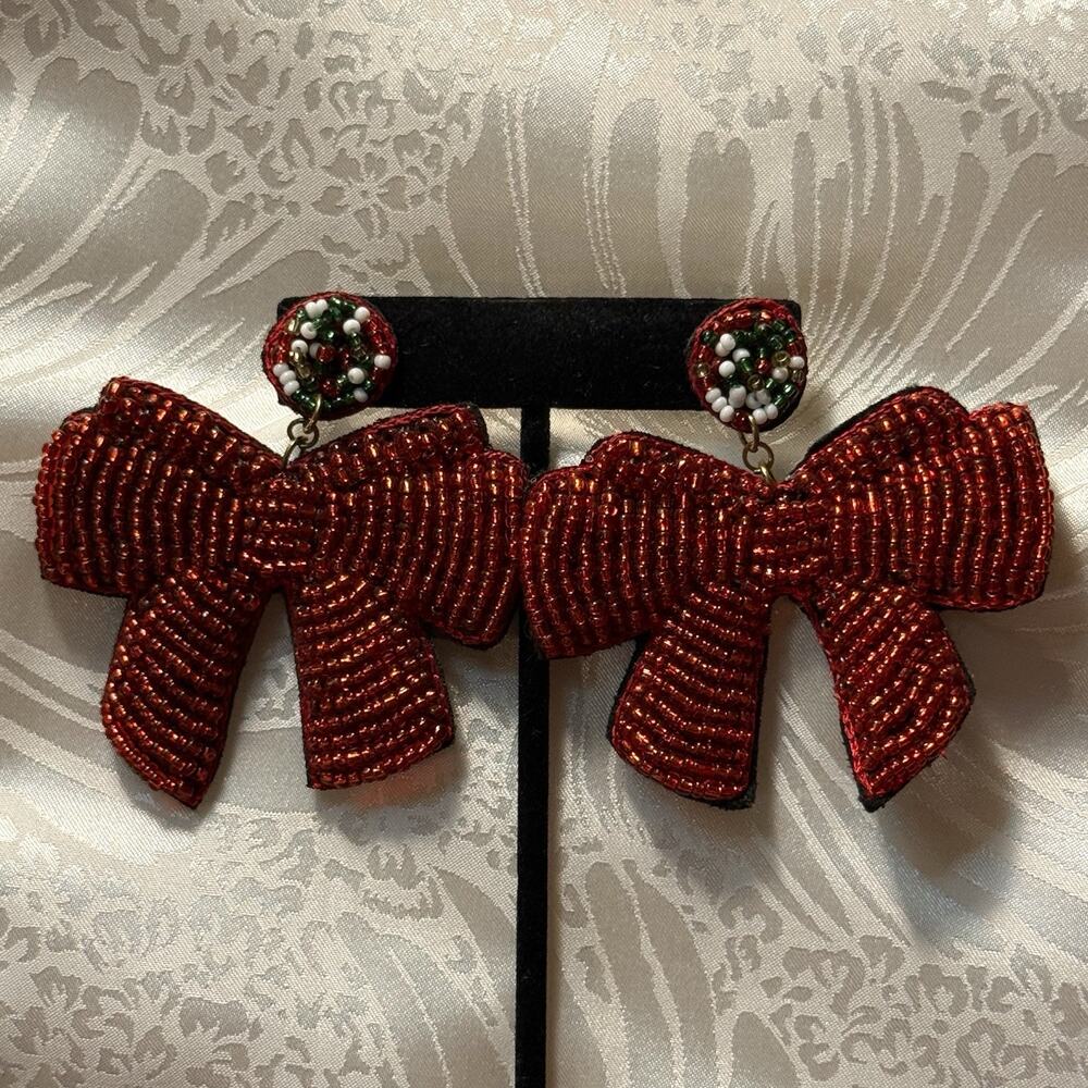 Red Seed Bead Christmas Bow Multicolored Seed Bead Post Statement Earrings